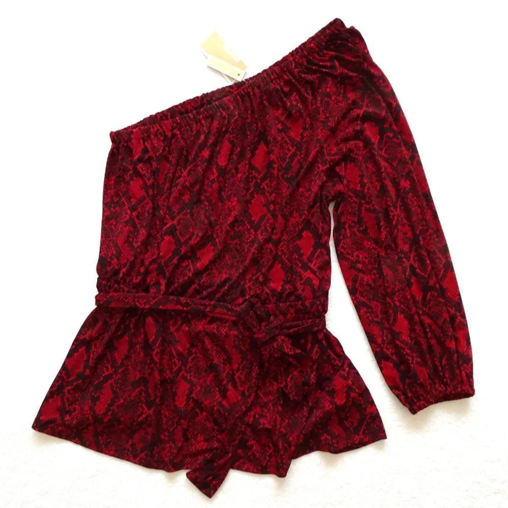 Michael Kors One Shoulder Top Women's Plus Size 2X Red Snake Print Belted - Picture 3 of 11